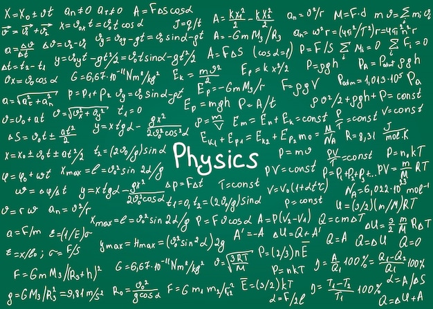 背景の緑の黒板に手書きの物理学の数式 図 プレミアムベクター