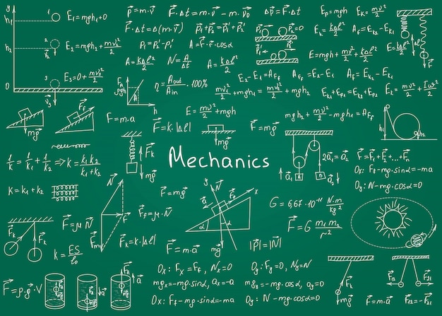 背景に緑の黒板に手書きの物理学の数式 ベクトルイラスト プレミアムベクター