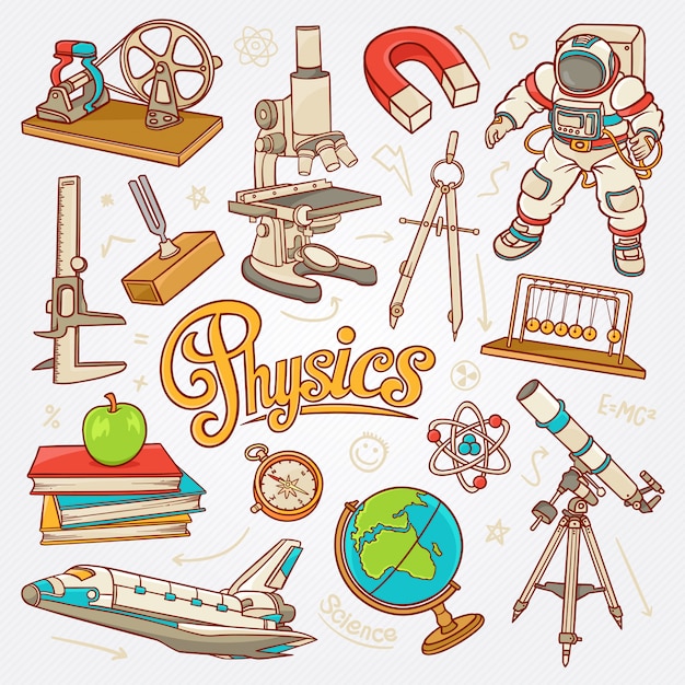 Physics icons in science concept sketch vector illustration ...