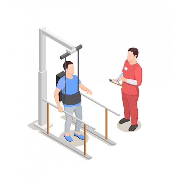 理学療法リハビリテーション 医師と理学療法機器 イラストの患者のキャラクター 無料のベクター