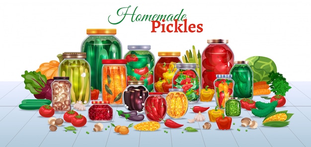 無料のベクター 野菜のテキストと熟した果物のイラストの部分とガラスの瓶がたくさんのピクルス水平構成