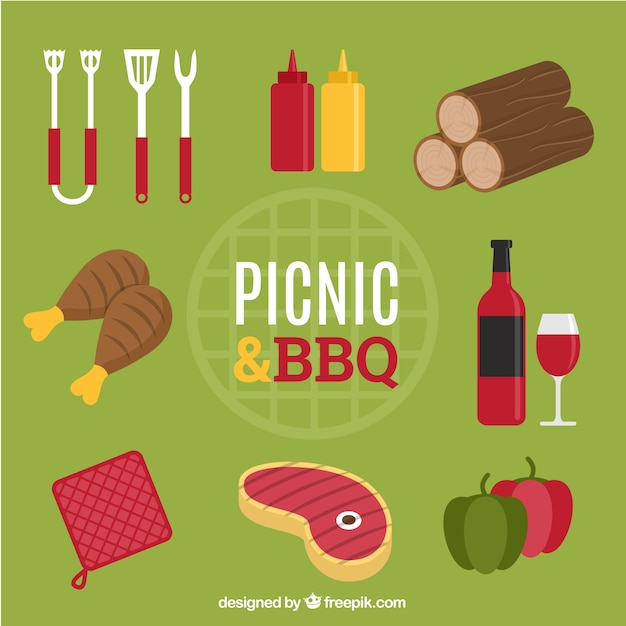Picnic and bbq elements with food