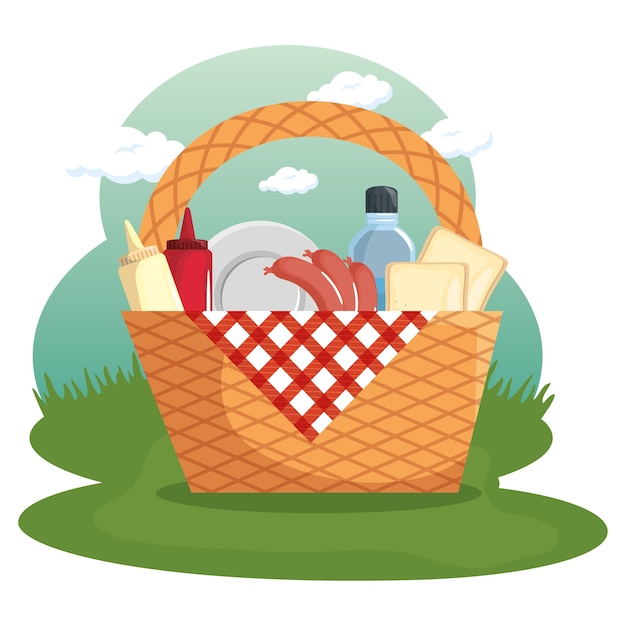 Premium Vector | Picnic basket food red gingham cloth