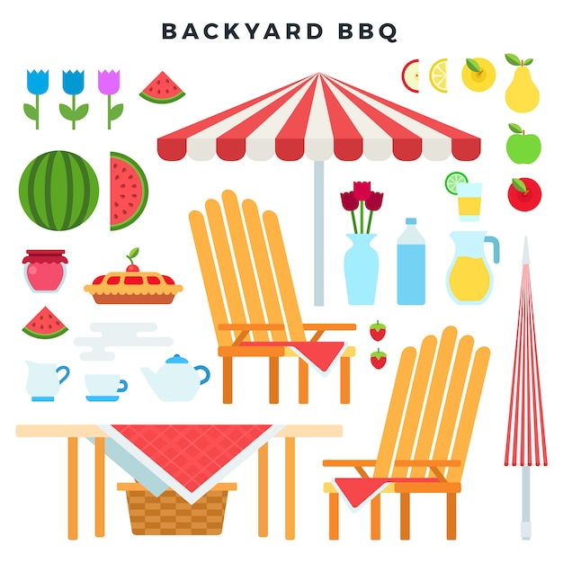Picnic furniture and food, set of colorful flat style elements. backyard bbq party attributes. vector illustration. Premium Vector