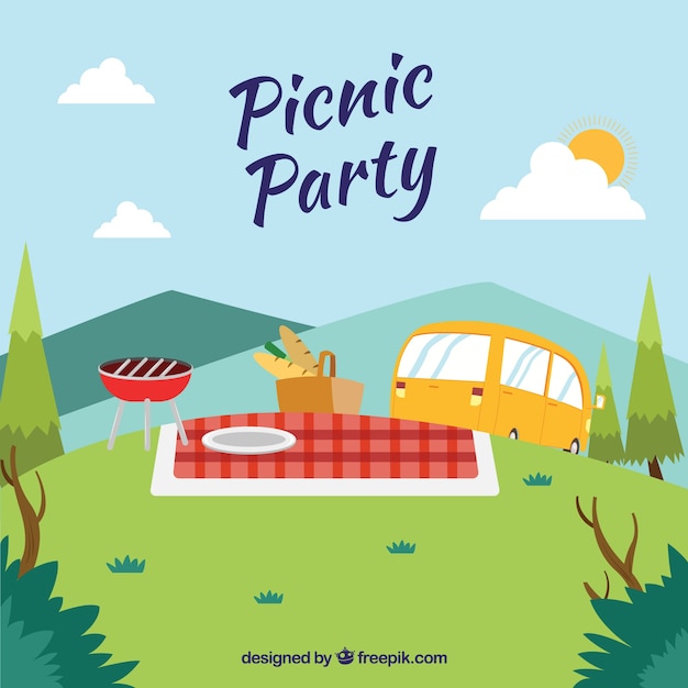 Picnic scene with a caravan Vector | Free Download