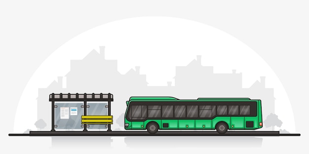 バス停の近くに停車しているバスの写真 背景に町のシルエットが描かれています 公共交通機関のコンセプト フラットスタイルの線画イラスト プレミアムベクター