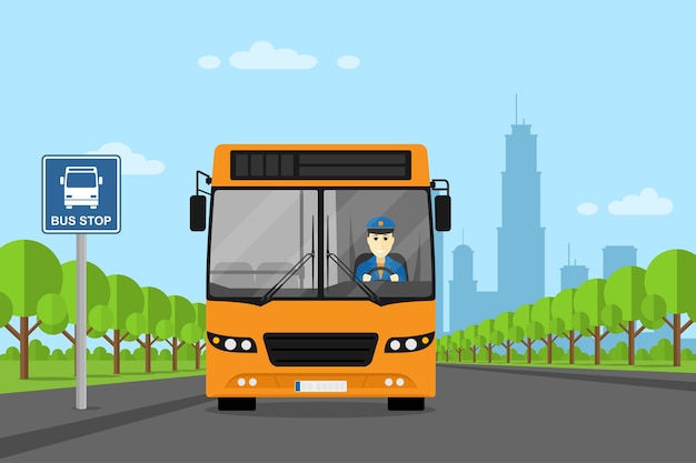 バスの運転手とバスの写真 バス停の上に立って イラスト プレミアムベクター