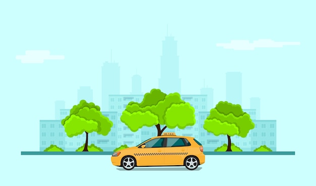 シティシルエット タクシーサービスコンセプトバナー スタイルの図の前にタクシー車の写真 プレミアムベクター