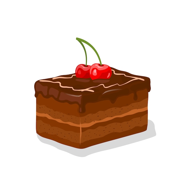 Premium Vector Piece Of Chocolate Glazed Layered Gateau Fancy Cake With Buttercream Garnished By Cherries And Whipped Cream Truffle Shortcake Cocoa Patisserie Cartoon Illustration On White