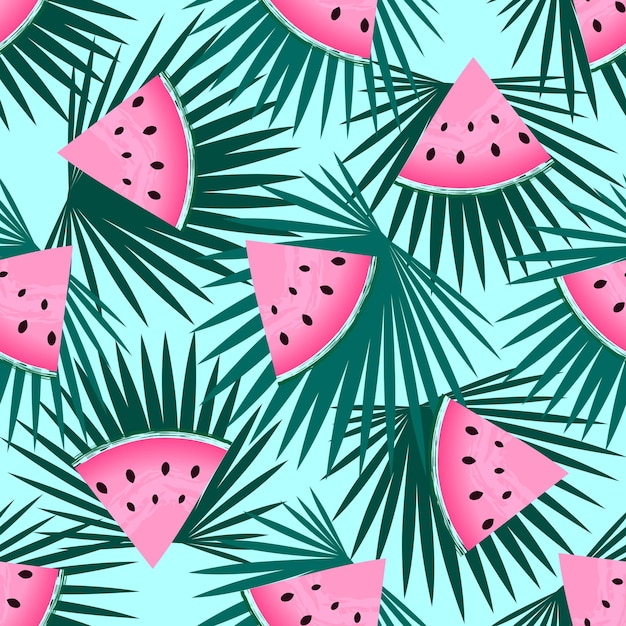 Premium Vector | Pieces of watermelon and palm leaves. seamless summer ...