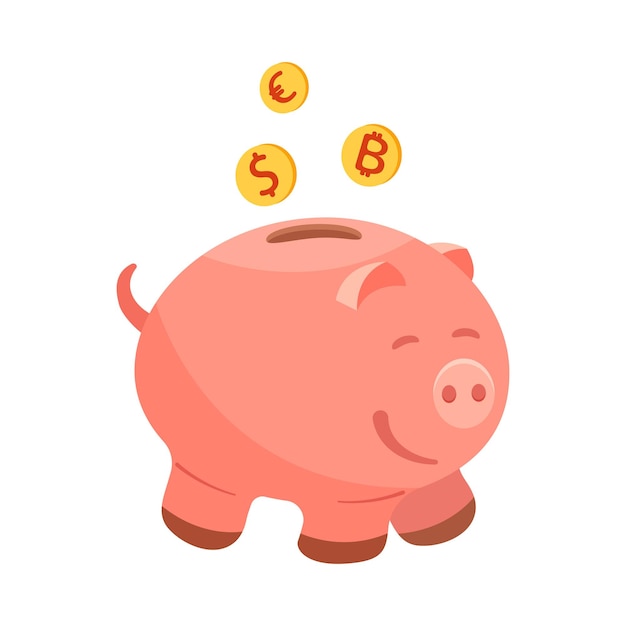 ビットコインコイン ユーロドルの豚貯金箱 お金と貯蓄のための子供の金庫のベクトルイラスト プレミアムベクター