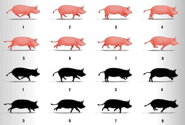  Pig run cycle animation frames loop animation sequence sprite sheet Premium Vector