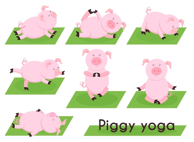 豚のヨガ さまざまなヨガのポーズでかわいい豚 動物のスポーツ 瞑想の子豚 貯金箱の農業 体位と運動 リラックスとバランス 無料のベクター