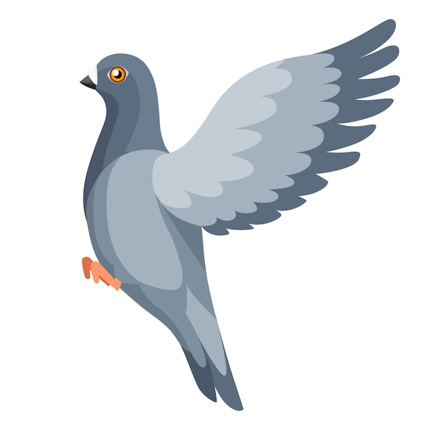 鳩鳥が飛んで 鳩が羽ばたきます フラット漫画のキャラクターデザイン カラフルな鳥のアイコン かわいい鳩のテンプレートです 白い背景で隔離の図 プレミアムベクター