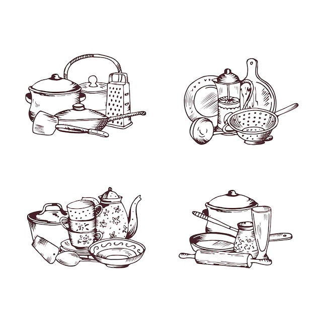 プレミアムベクター 手描きの台所用品セットの山 キッチン用品デッサンイラスト