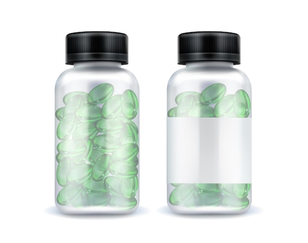 Download Free Vector Pills Bottle Mockup Green Medicine Capsules Vitamin In Transparent Pack Mock Up Isolated On White Background Remedy Package Design Elements For Medical Advertising Realistic 3d Vector Illustration