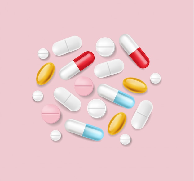 Pills realistic. medical pile of different medicine 3d illustrations Free Vector
