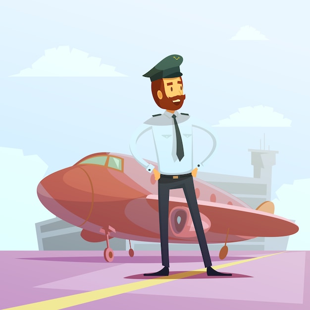 Pilot in a uniform and plane cartoon background Free Vector