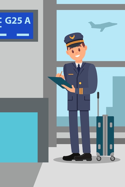 Premium Vector | Pilot with suitcase standing in airport terminal ...