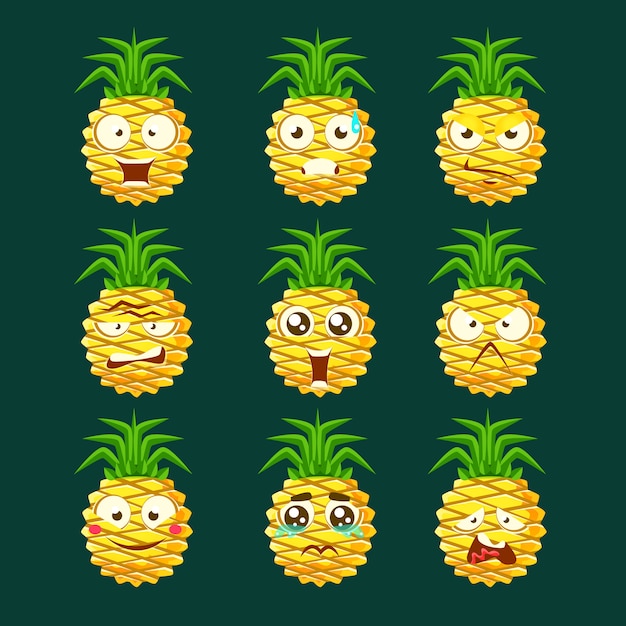 Premium Vector Pineapple Cartoon Emoji Portaraits Fith Different Emotional Facial Expressiona Set