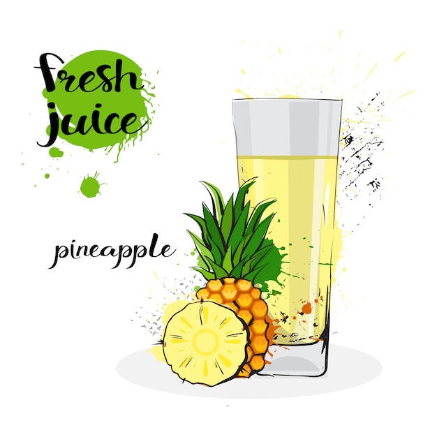 Premium Vector Pineapple Juice Fresh Hand Drawn Watercolor Fruits And Glass On White Background 4128