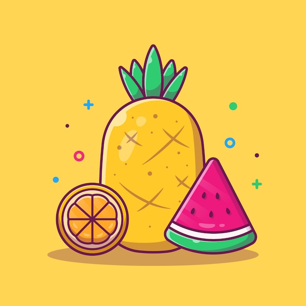 プレミアムベクター パイナップル ウォーターメロン オレンジのイラスト 夏の食べ物と飲み物 分離された休日の概念