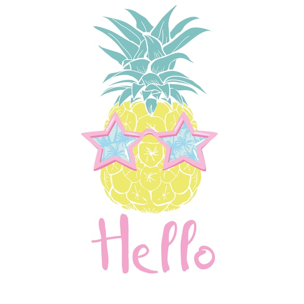 Pineapple with glasses tropical, , illustration, design, exotic, food, fruit Premium Vector