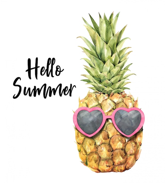 Download Pineapple with sunglasses watercolor Vector | Premium Download