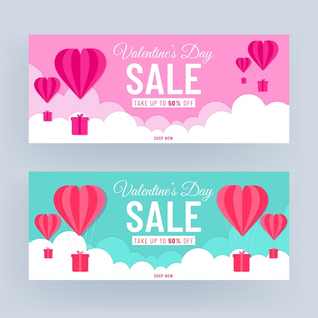 ピンクとターコイズブルーのヘッダーまたはバナーデザイン50 割引オファーとバレンタインセールの曇り背景にハート型の熱気球をカット紙 プレミアムベクター