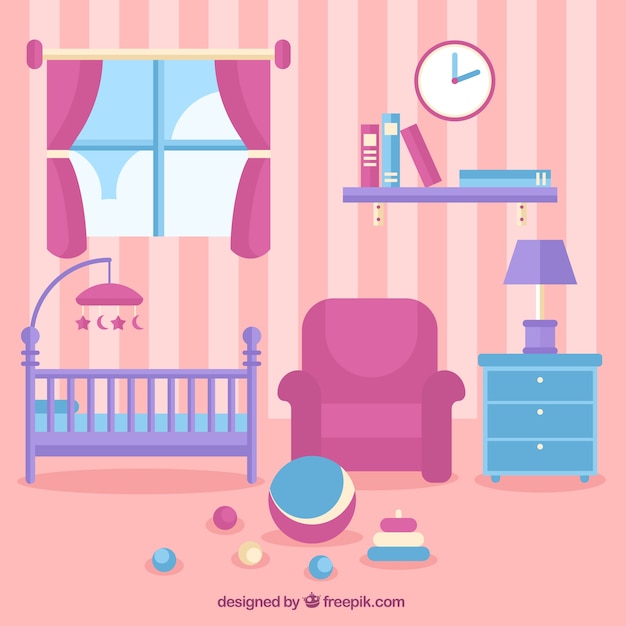 Pink baby room with crib and toys on the floor Vector