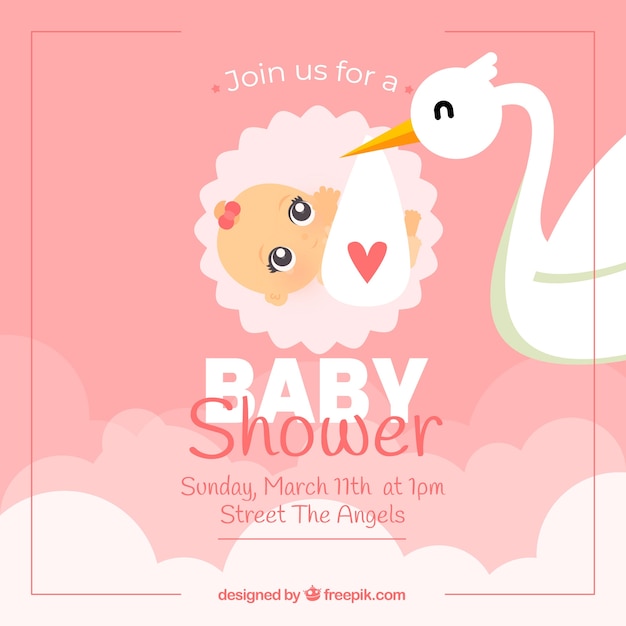 Pink baby shower card with stork