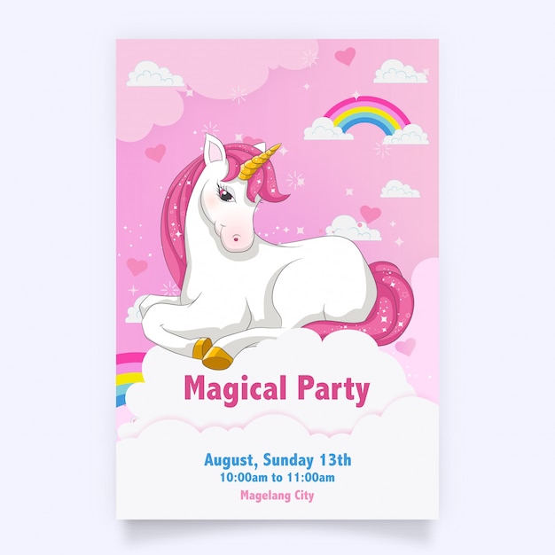 Download Pink birthday card with a white unicorn Vector | Premium ...