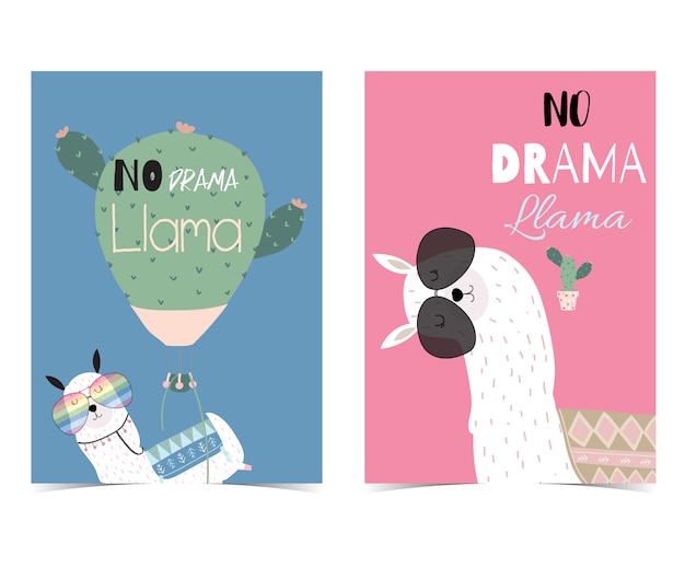 Pink and blue hand drawn cute card with no drama llama Premium Vector