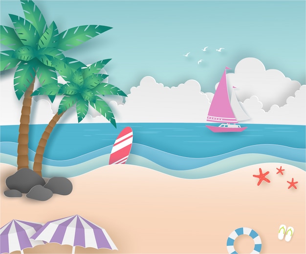 Premium Vector Pink Boat In The Sea And Coconut Trees On The Beach In Summer With Paper Cut