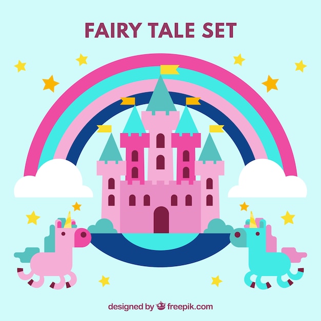 Pink castle with unicorns in flat design