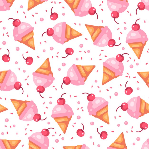 Pink cherry ice cream cone seamless pattern Premium Vector