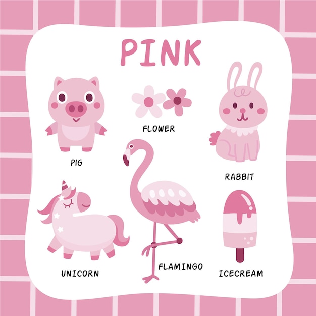 ピンクの色と語彙を英語で設定 無料のベクター