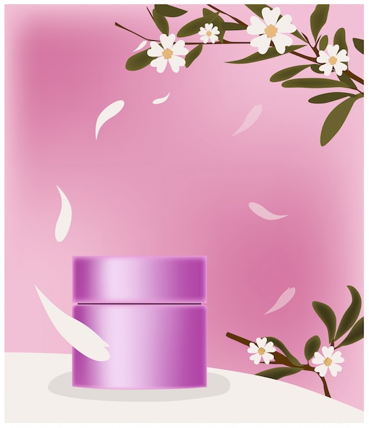 花びらに囲まれたピンクの化粧品の瓶 ブランドのための場所 花の装飾の小枝 無料のベクター