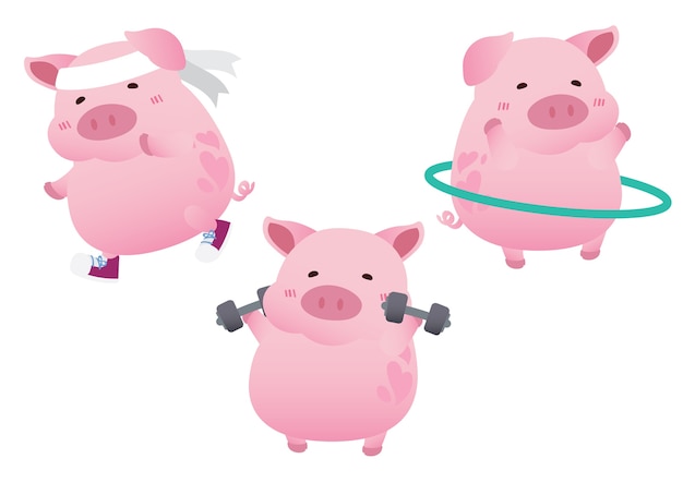 ピンクのかわいい豚の運動ダイエット文字のデザインベクトル プレミアムベクター