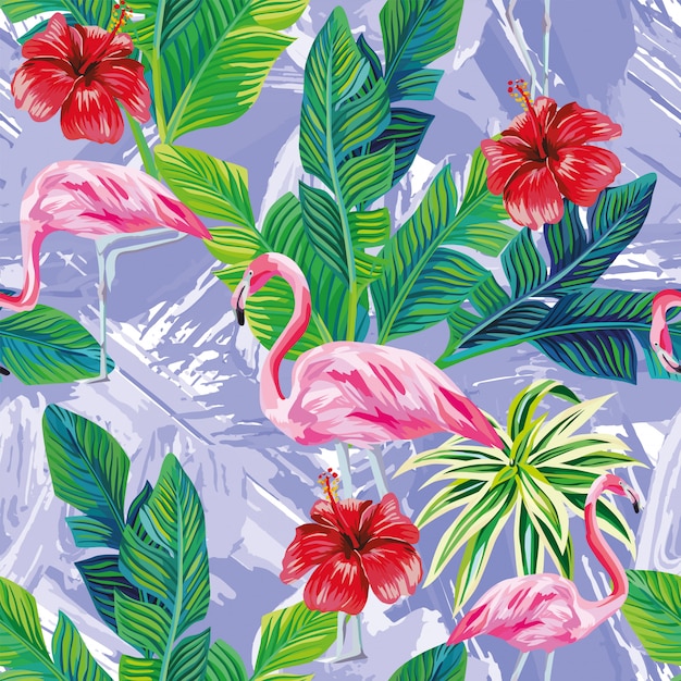 Pink flamingo leaves seamless pattern Premium Vector