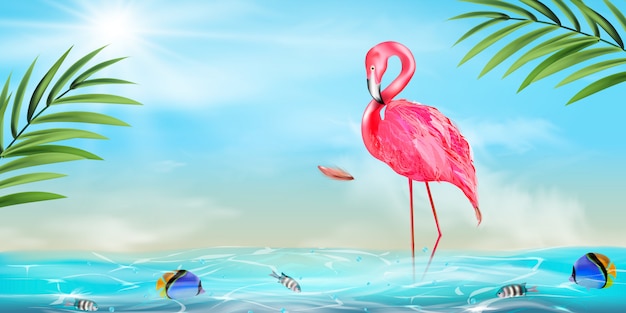 Pink flamingo, palm leaf and sea background
