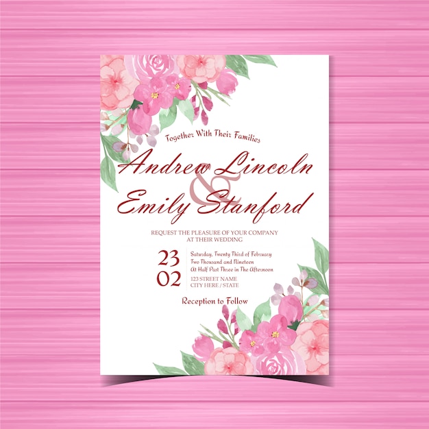 Premium Vector | Pink floral wedding invitation card