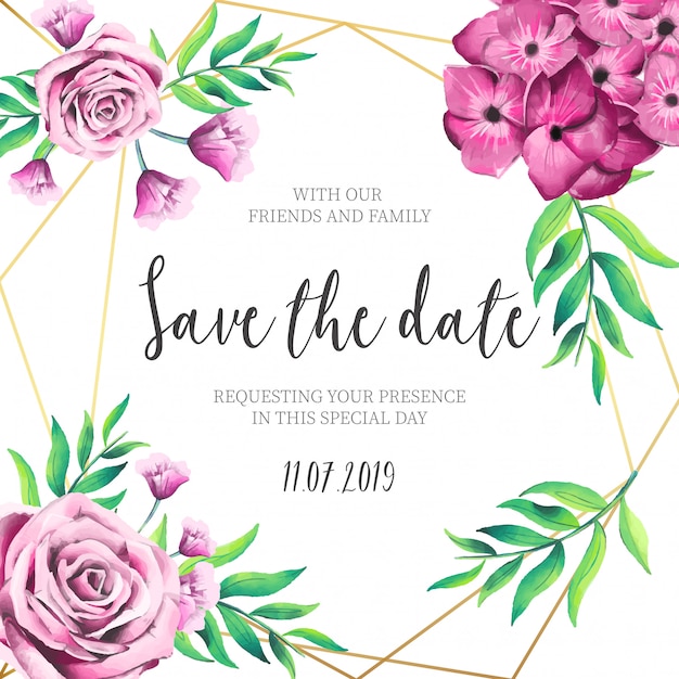 Pink Flowers Wedding Invitation with Golden
Frame