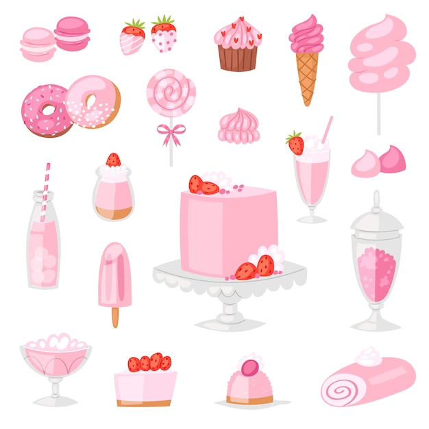 ピンクの食べ物ベクトル甘いピンクのケーキと甘いイチゴのデザート 誕生日パーティーイラストに女の子っぽいセットドーナツやアイスクリームの分離 プレミアムベクター