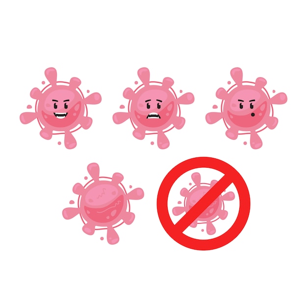 ピンクの面白いかわいいウイルス細菌微生物キャラクターマスコットセットには赤の兆候が含まれていません プレミアムベクター
