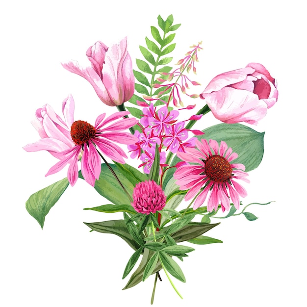 チューリップとクローバーとピンクの庭の花の花束 プレミアムベクター