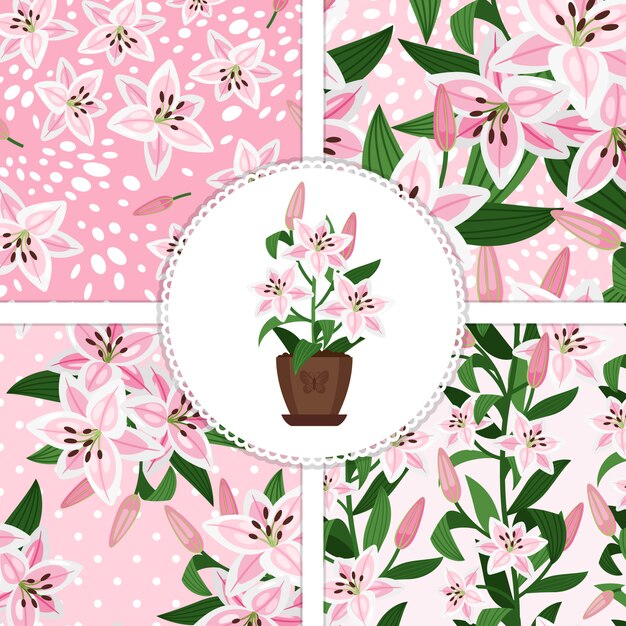 Pink lily in flower pot icon and patterns collection Premium Vector