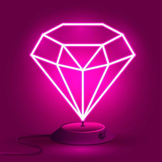 Pink neon diamond on the stand glows | Premium Vector