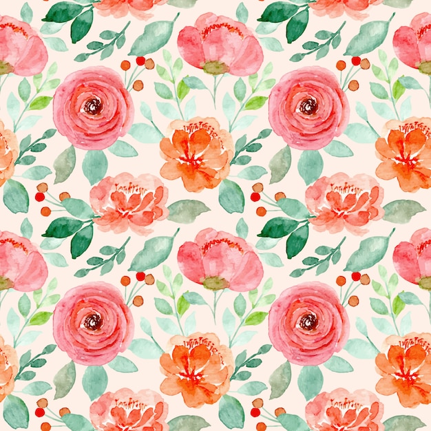 Premium Vector | Pink orange flower watercolor seamless pattern with ...