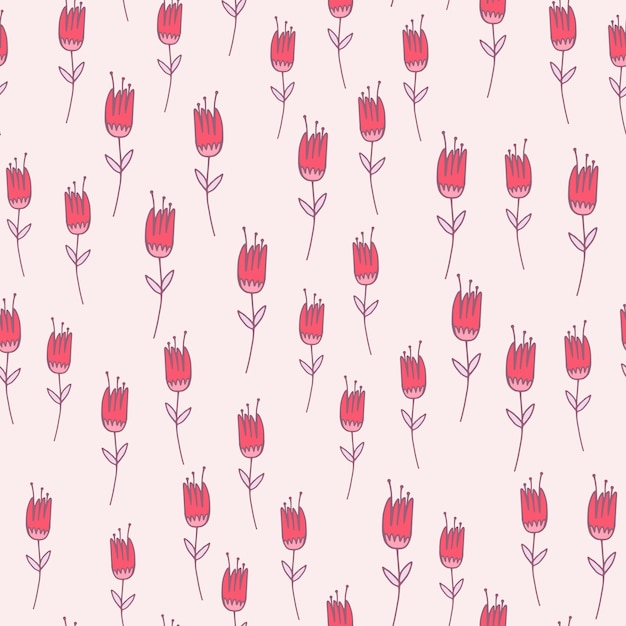 ピンクのアウトラインチューリップの花のシームレスなパターン 白地に紫の輪郭を持つ花飾り Ed 壁紙 テキスタイル 包装紙 布プリント 図 プレミアムベクター